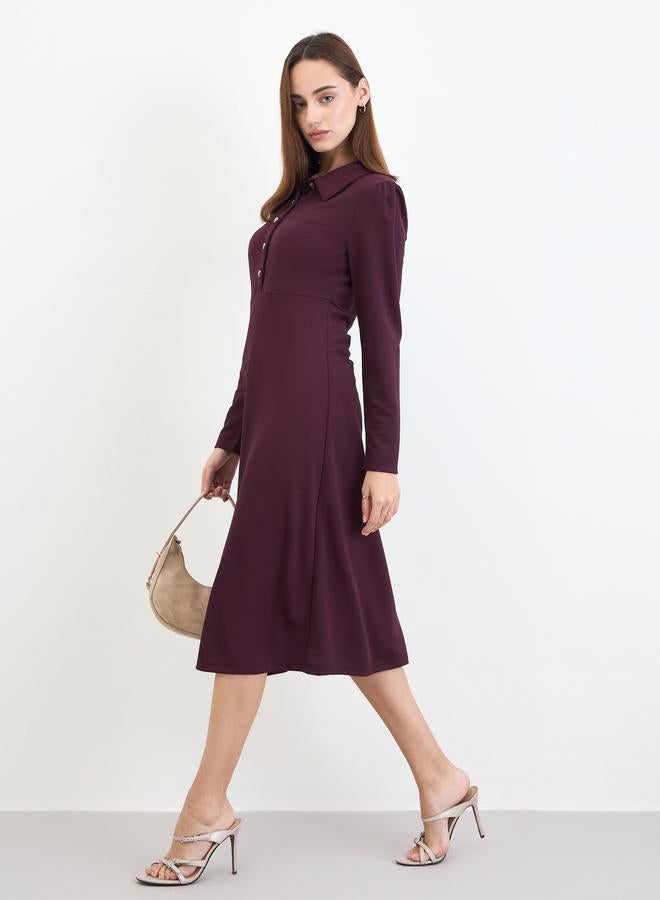 Styli Women Burgundy Polo Neck A-Line Midi Dress - Image 1